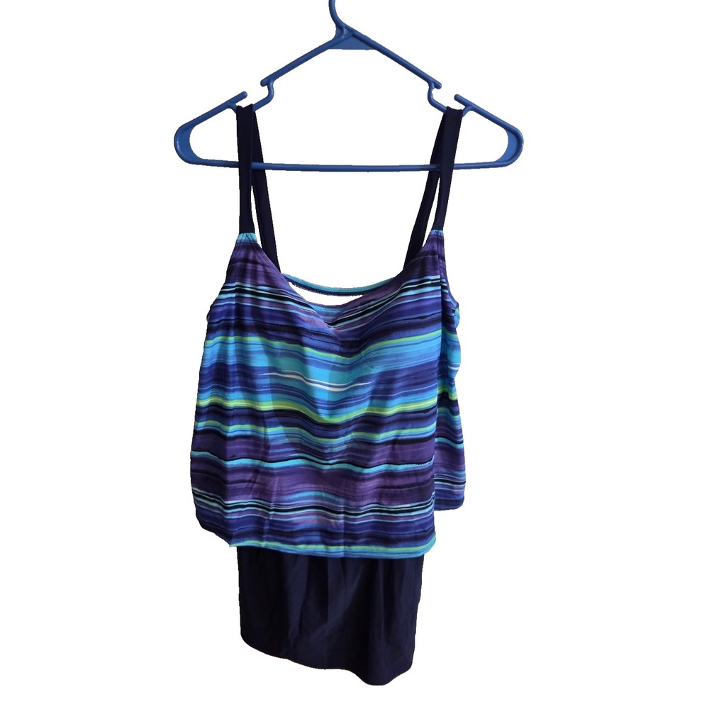 Indigo Bay Blue Purple Striped Tiered Tankini Swim Top Womens Plus Size 20W